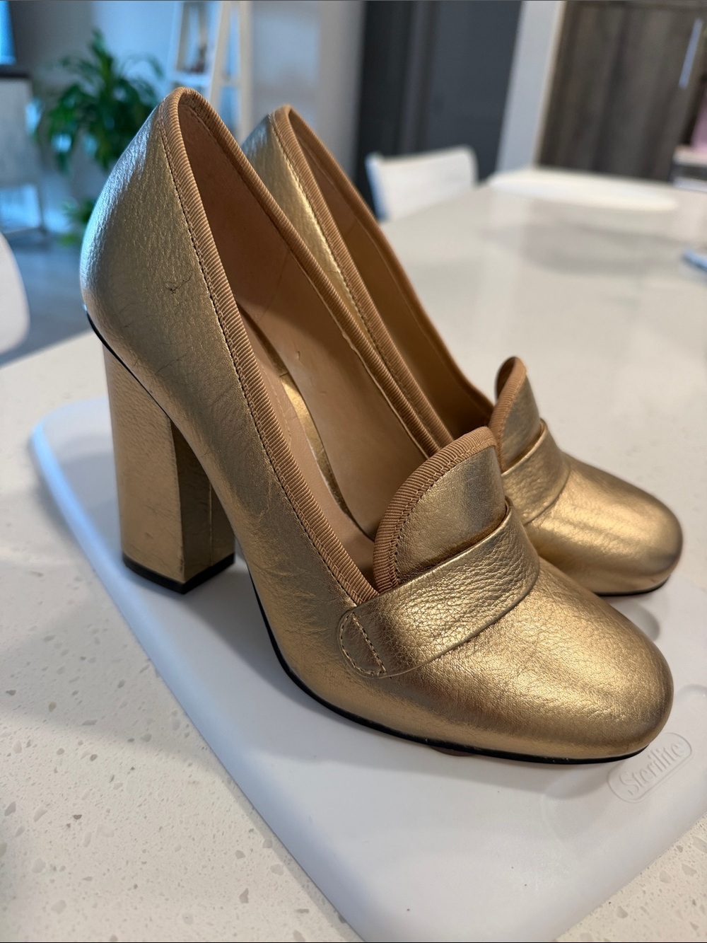 Gold Block Heel Loafer Pumps - Women's Metallic Slip-On